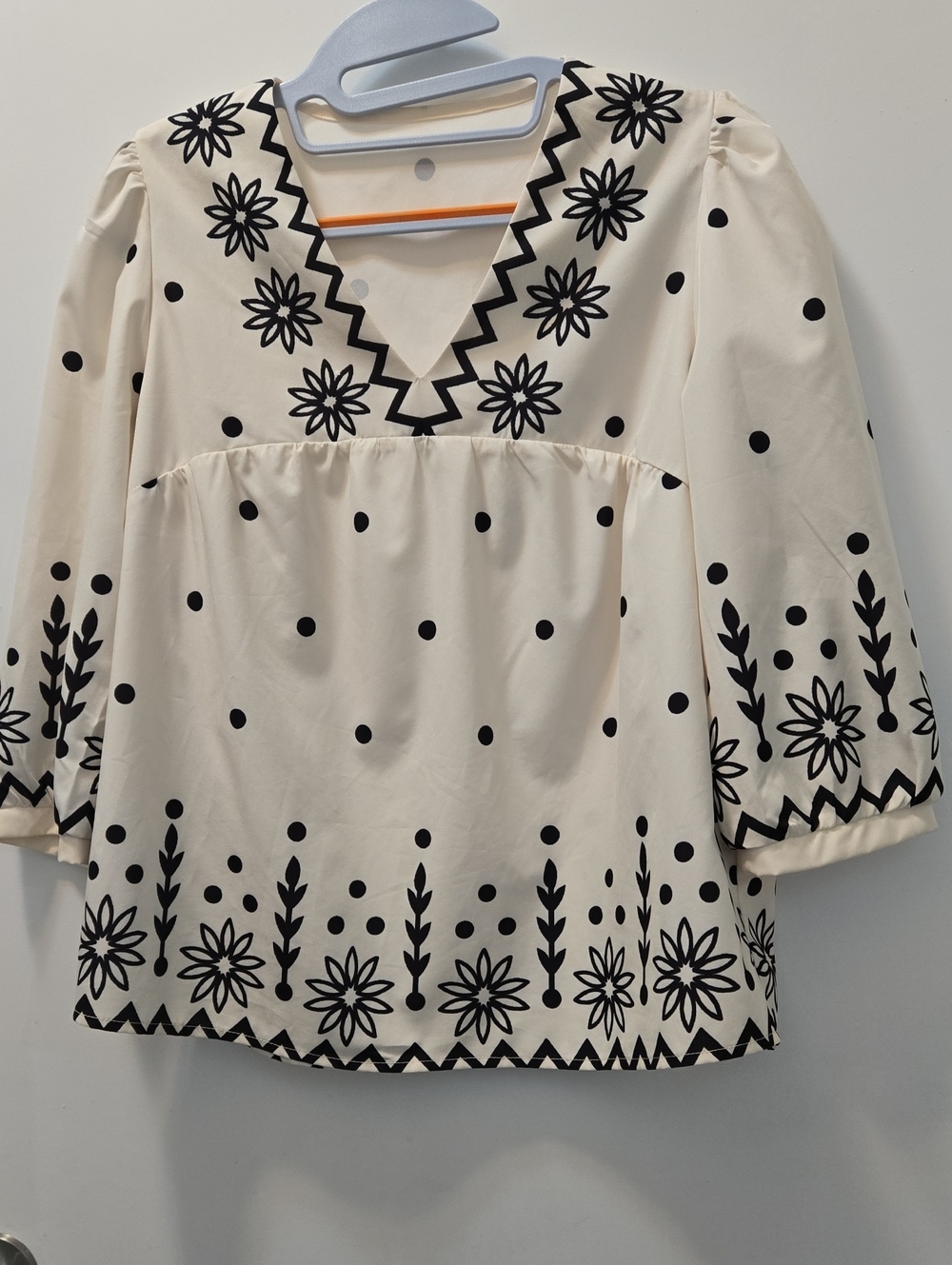 SHEIN Cream Blouse with Black Floral & Polka Dot Print